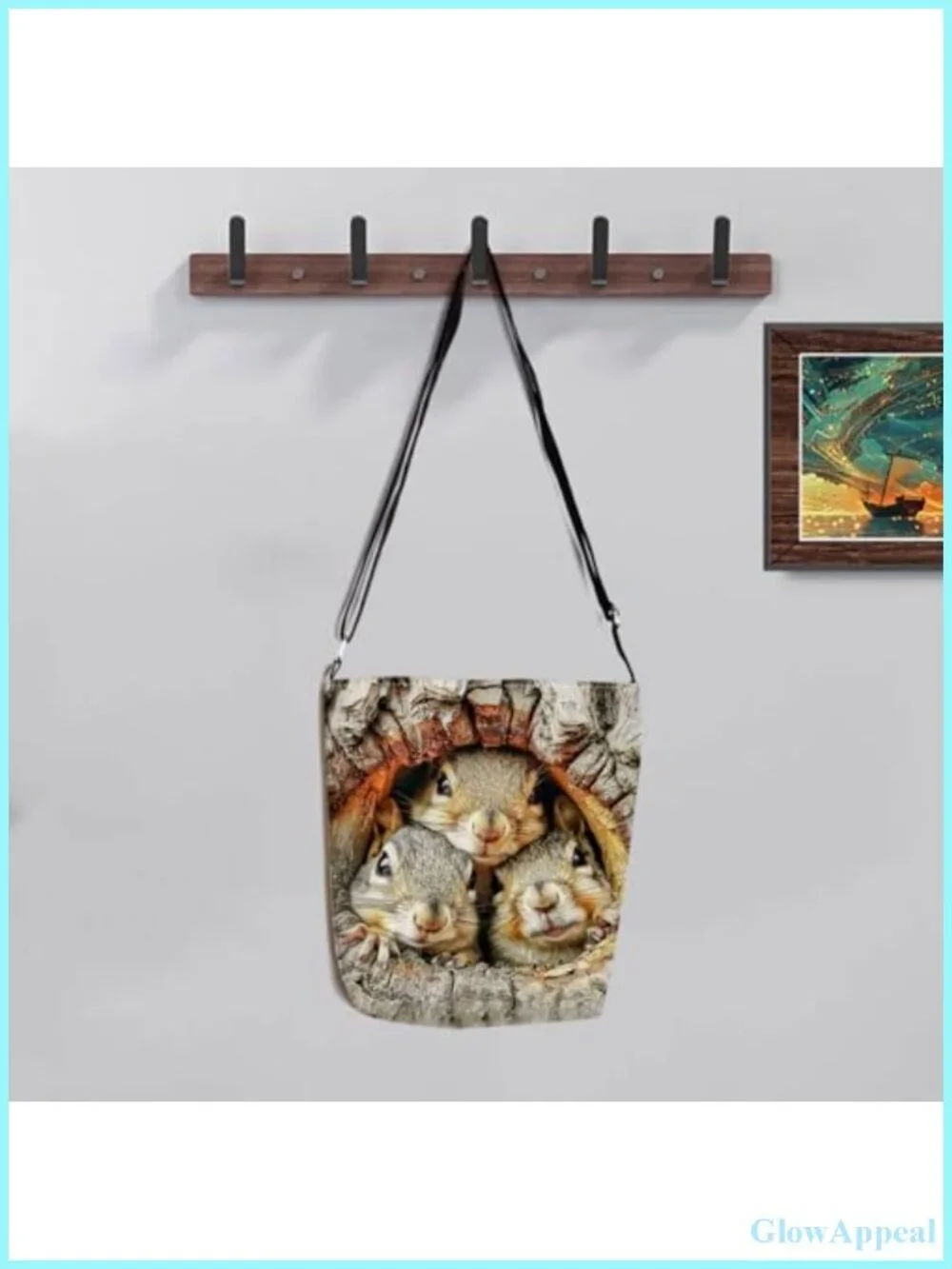 Polyester Messenger Crossbody Bag Squirrel Print Adjustable Strap